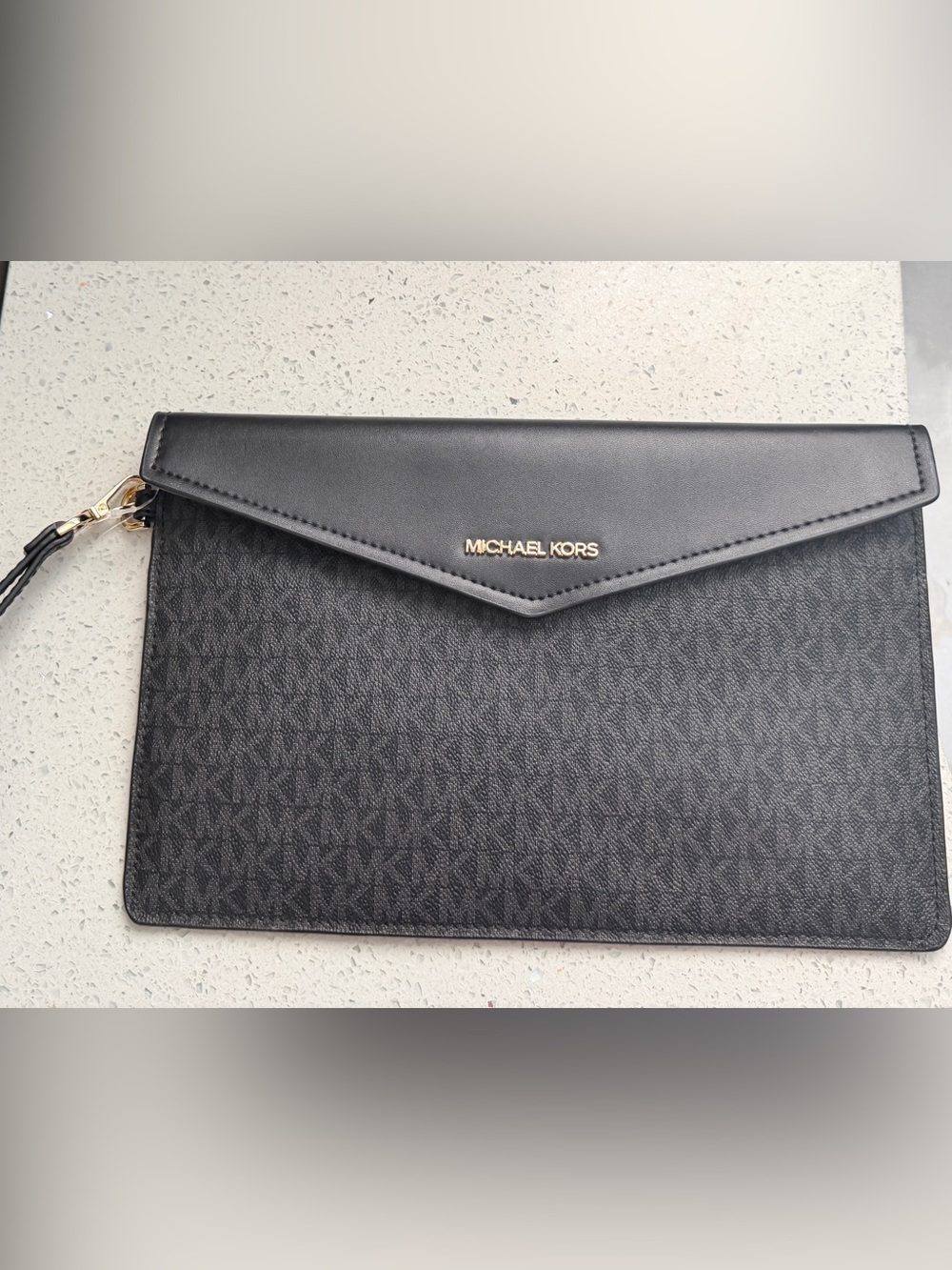 Michael Kors Black Signature MK Logo Envelope Clutch Wristlet Gold Hardware